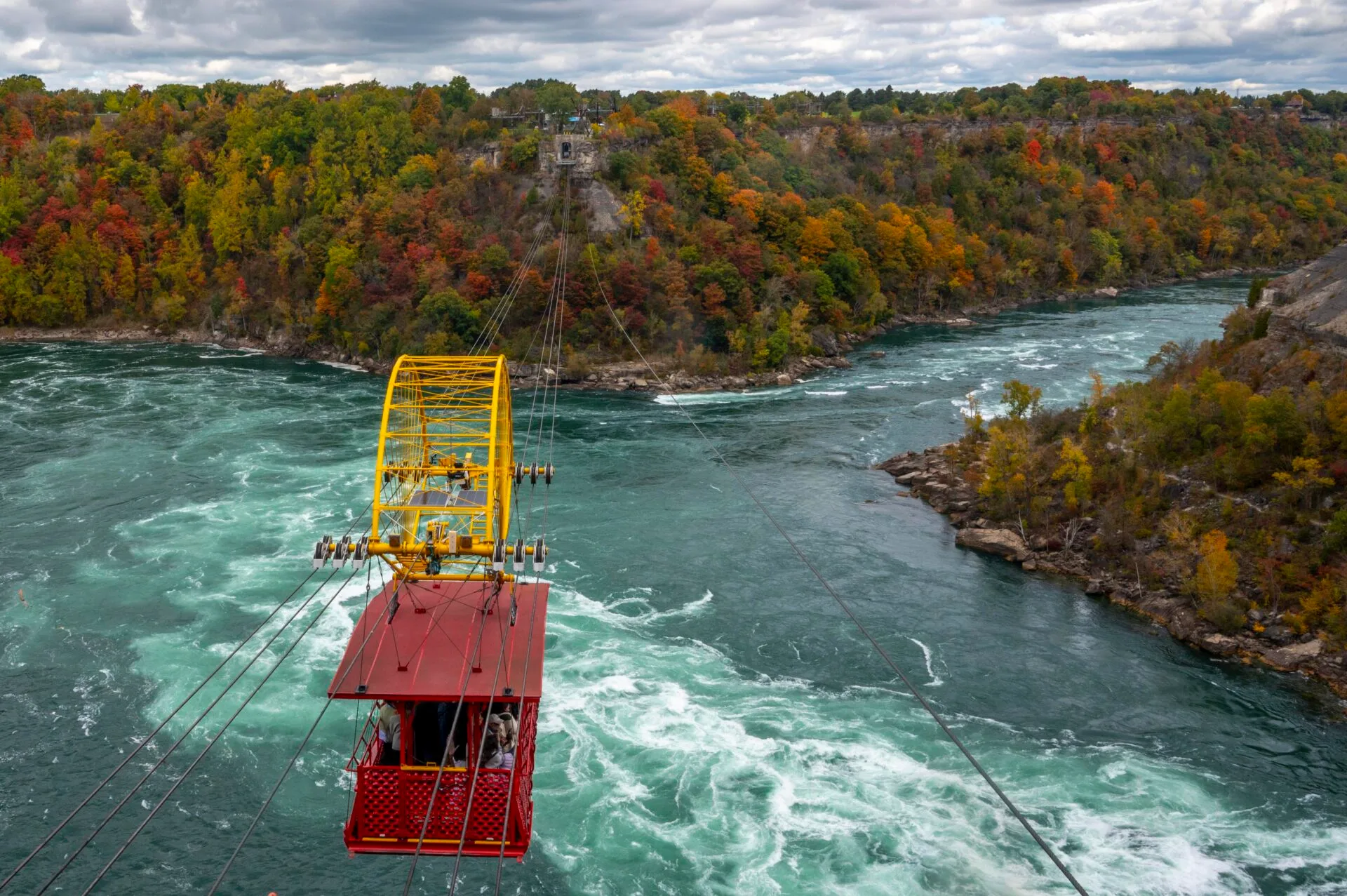 looking down at the whirlpool aero car and the niagara river