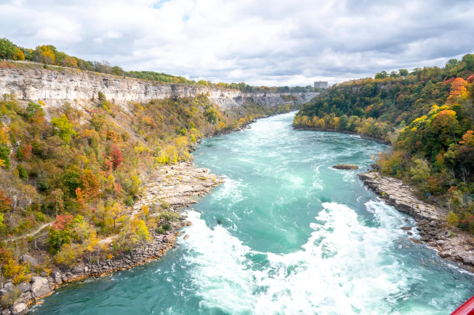 looking up the Niagara River from the whirlpool areo car, fall foliage lines the edge of the river gorge