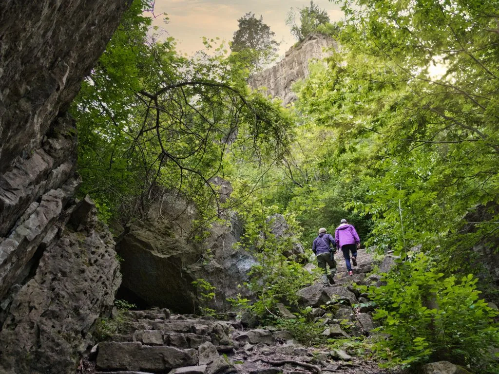 two people are hiking up stone steps in the niagara glen