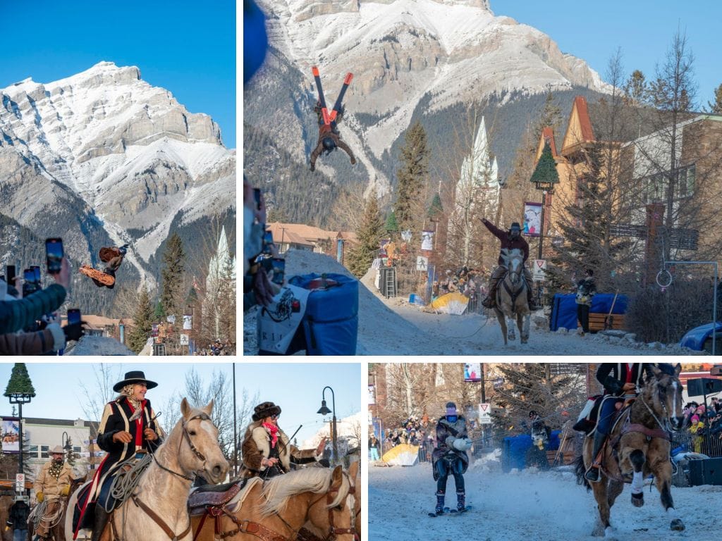 collage of skijoring banff