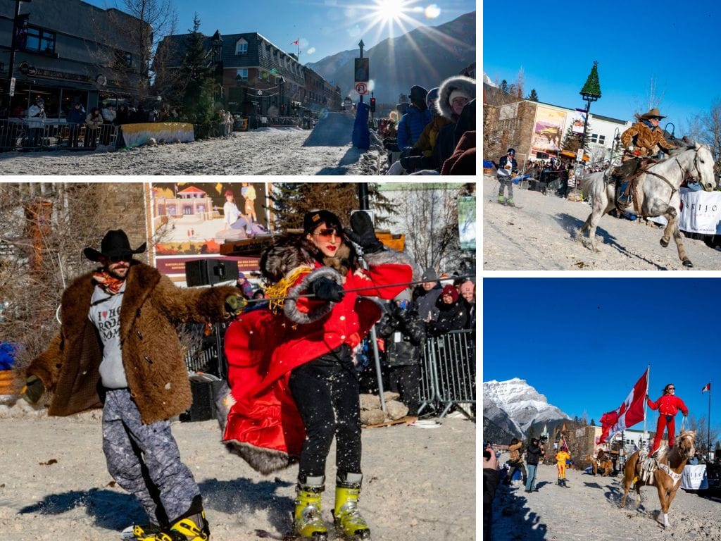 collage of skijoring banff photos