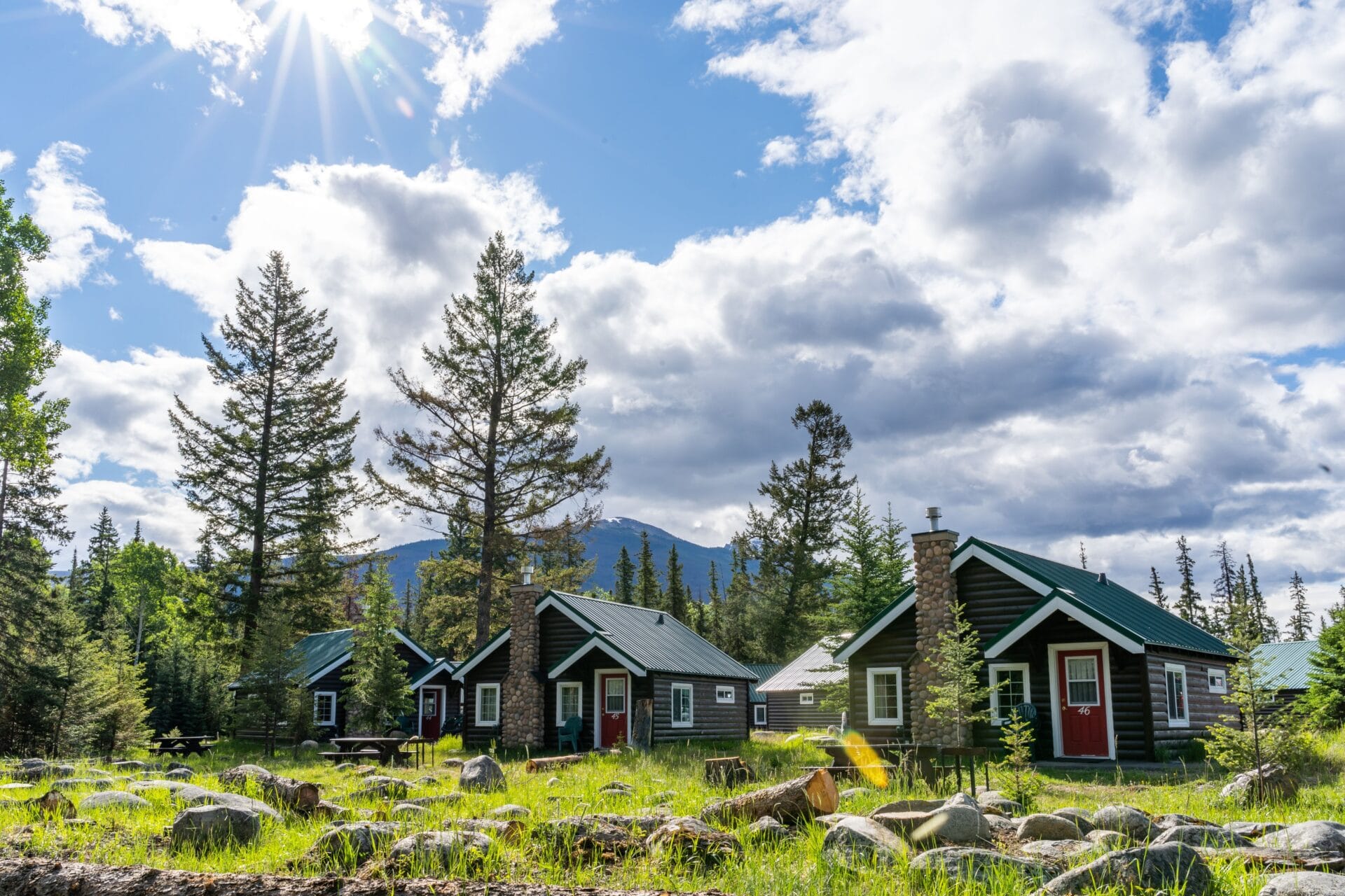 brown log cabins with red doors in a line at the pine bungalows