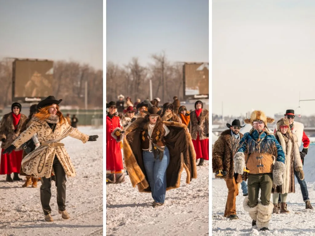 photo collage of people walking the fashion runway at the calgary skijor event