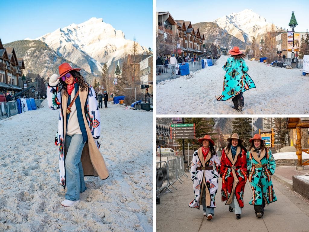 a photo collage of women wearing their best skijoring fashion in banff