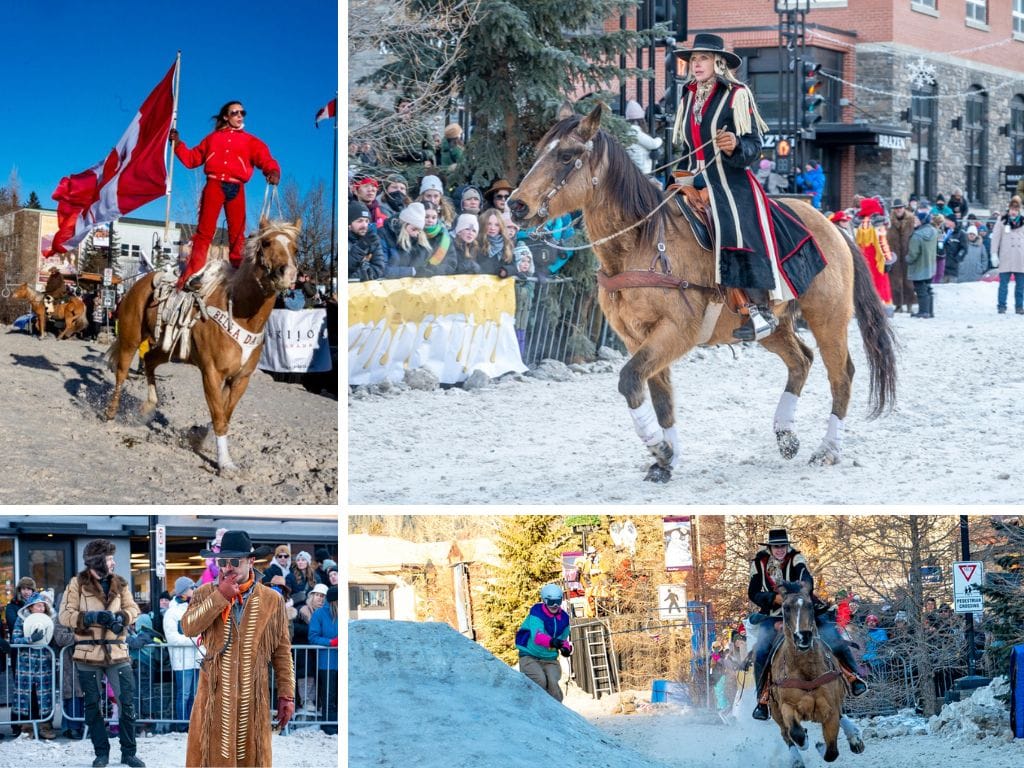 a photo collage of the skijoring participants showing off their skijoring outfits