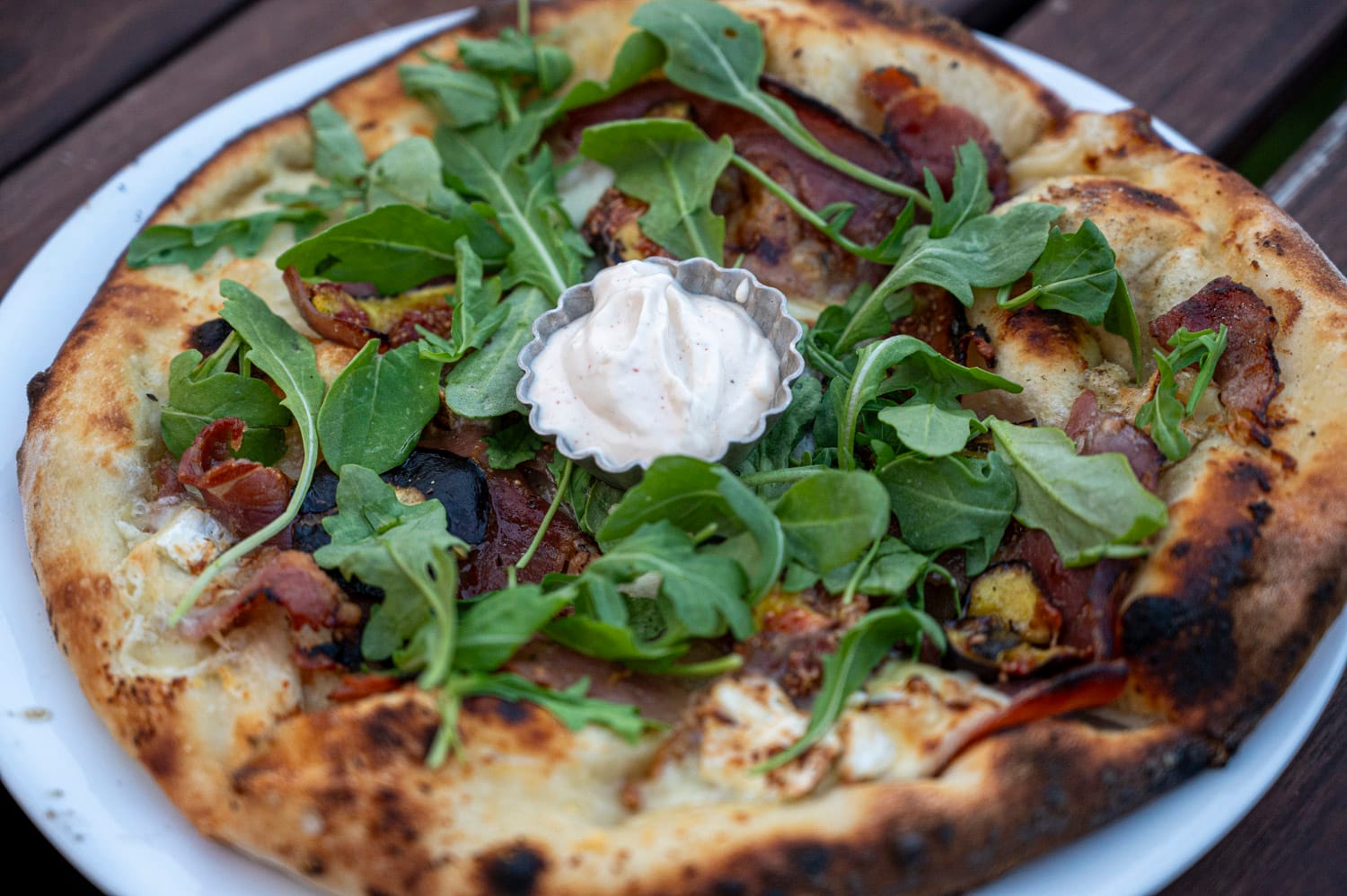 close up of a wood fired pizza at the Scheuermann Vineyard