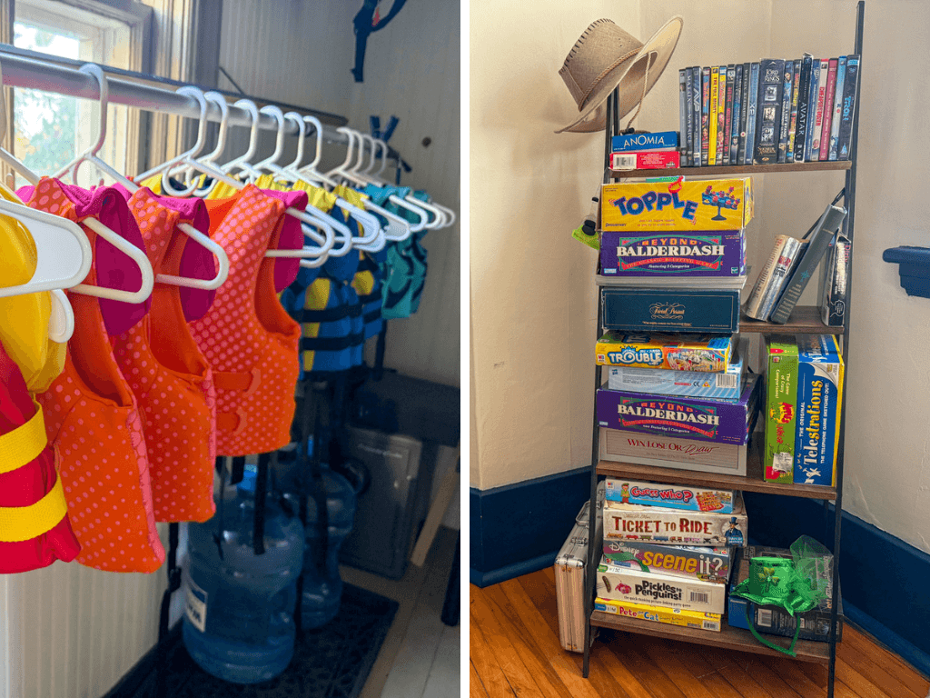 kids life jackets hang in the smith falls le boat base building, boardgames can also be seen