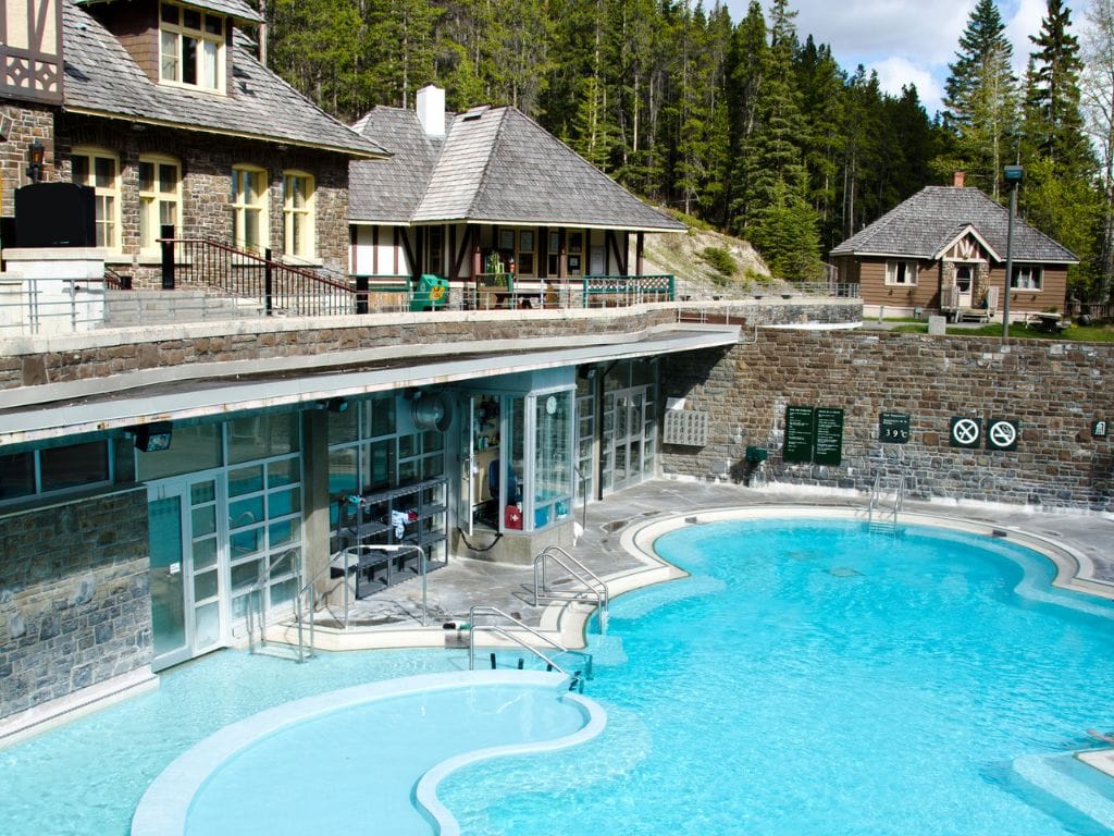 looking down into the pools at the banff upper hot springs