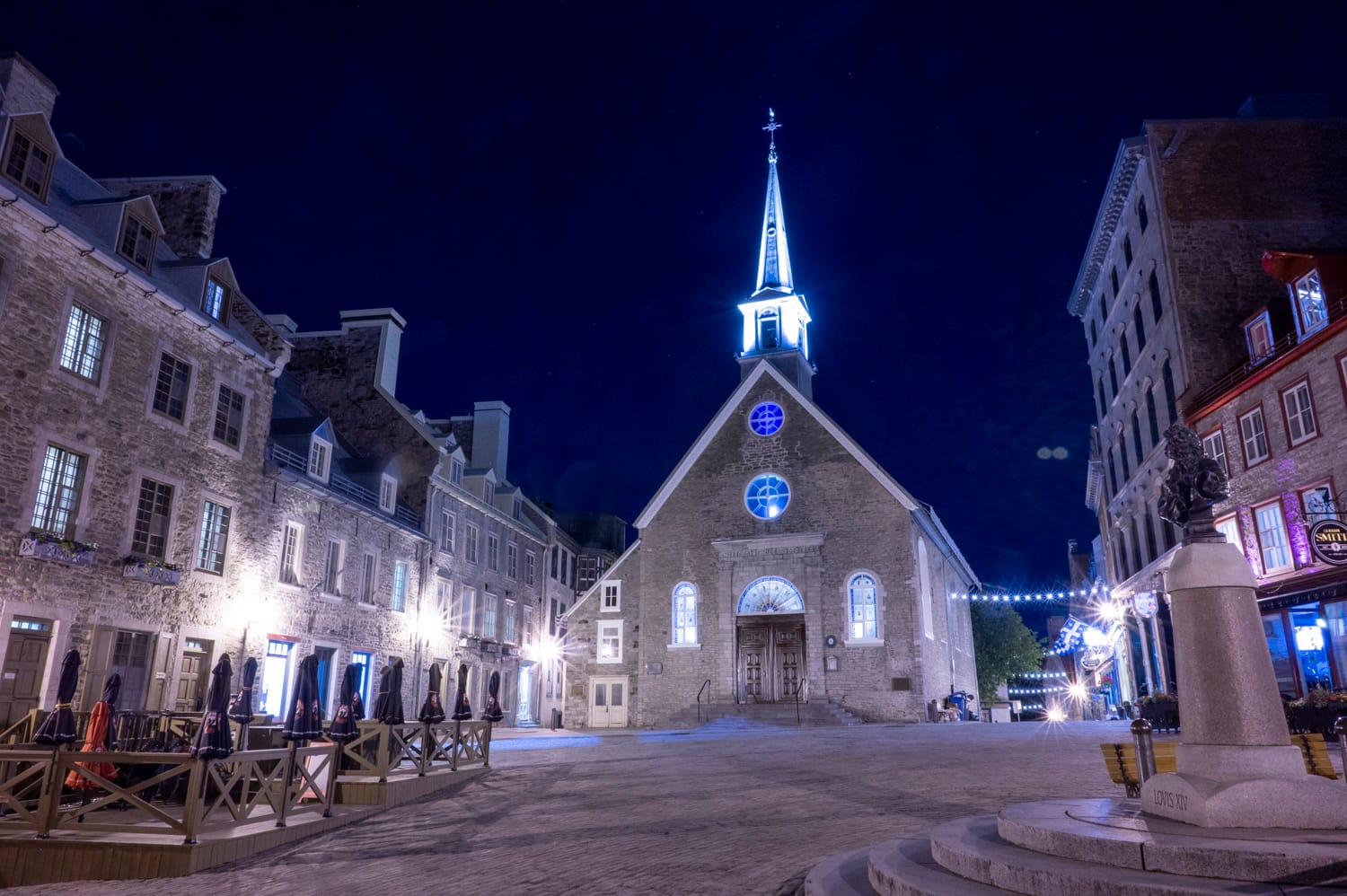 Place Royal at night, one of Québec City's Iconic Churches