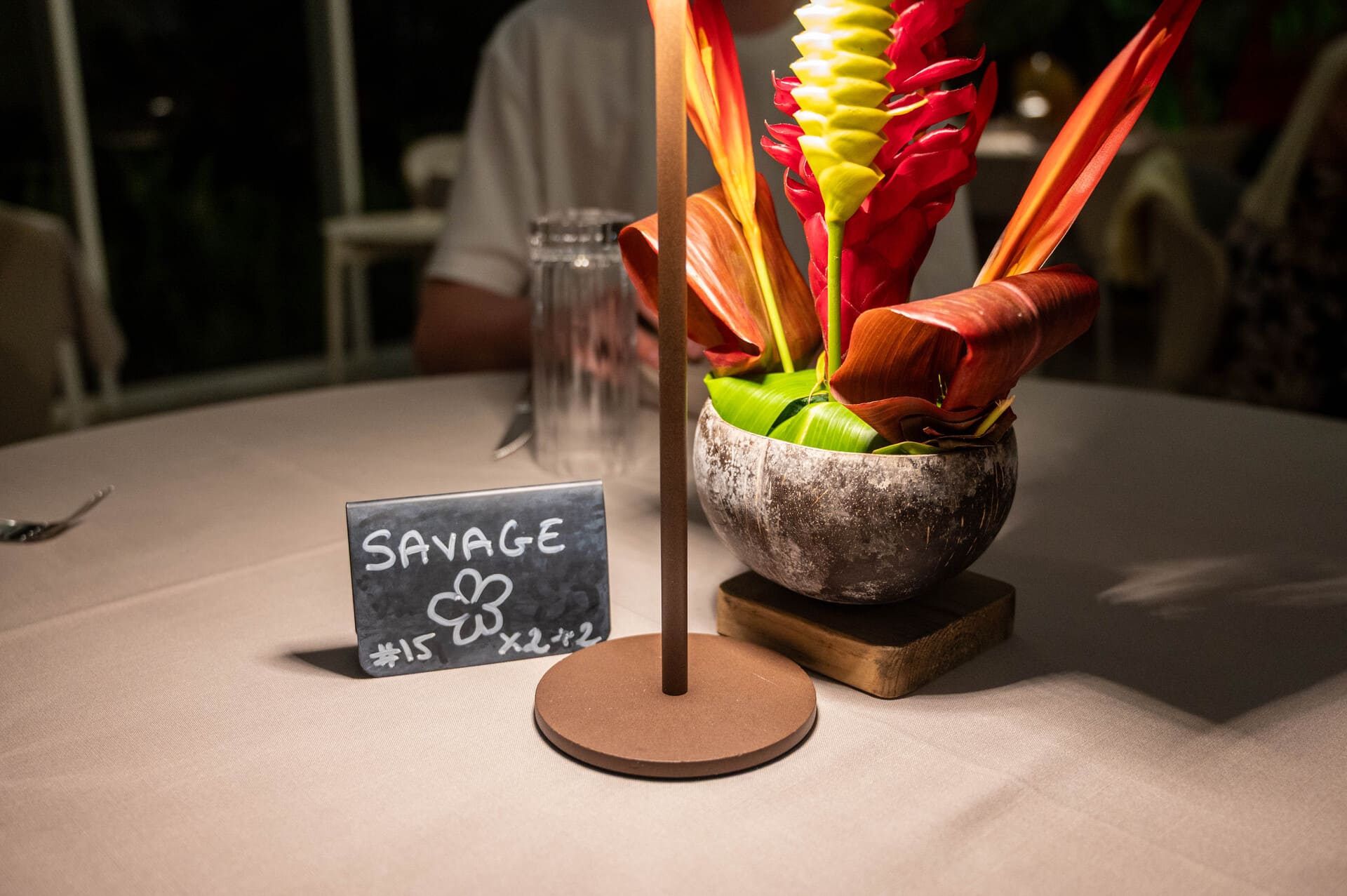 Atipika’a Restaurant at Apatoa Raiateta - Savage family name written on a little chalkboard namecard at table