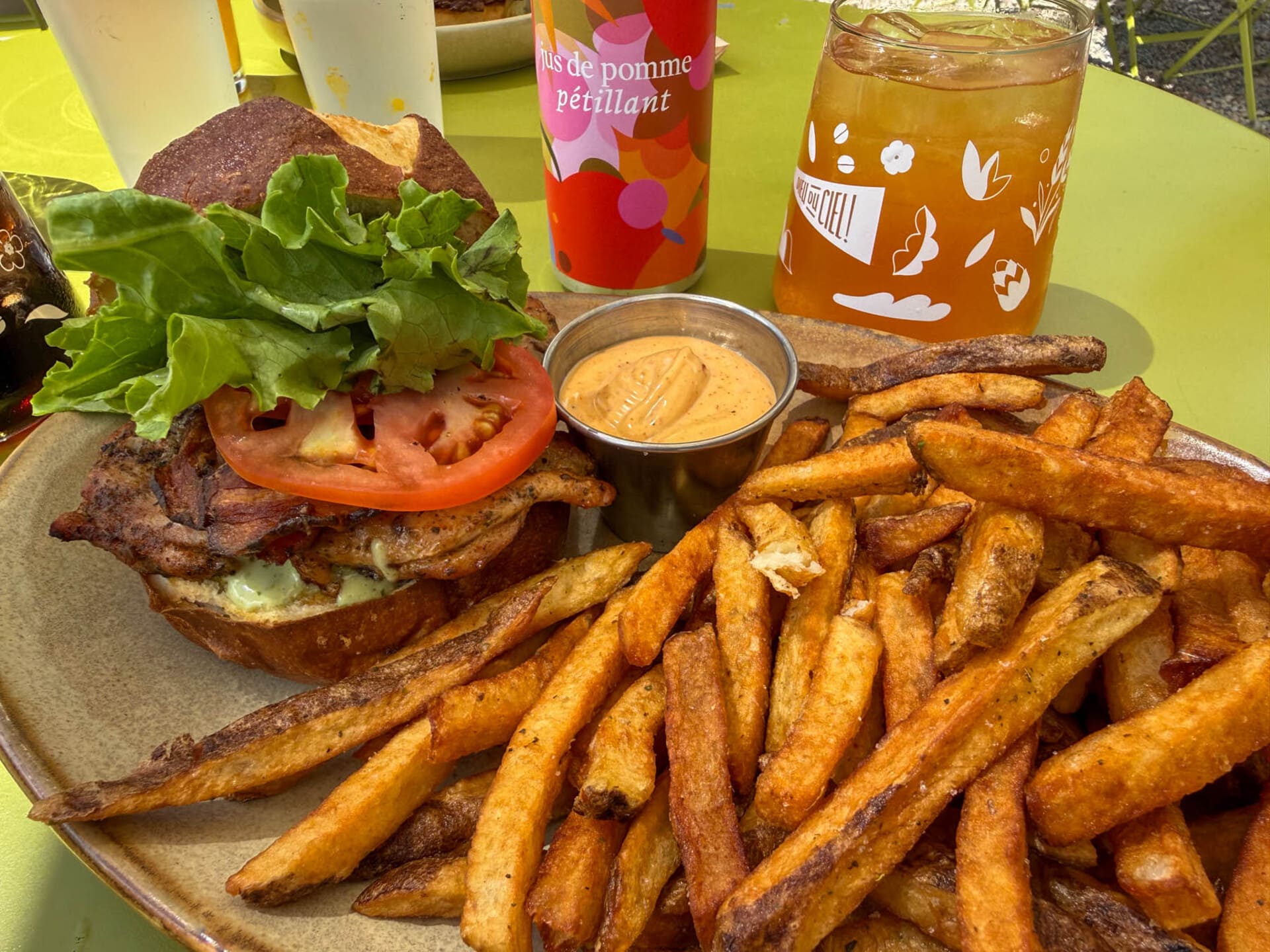 the smoked chicken burger and an overflowing plate of fries