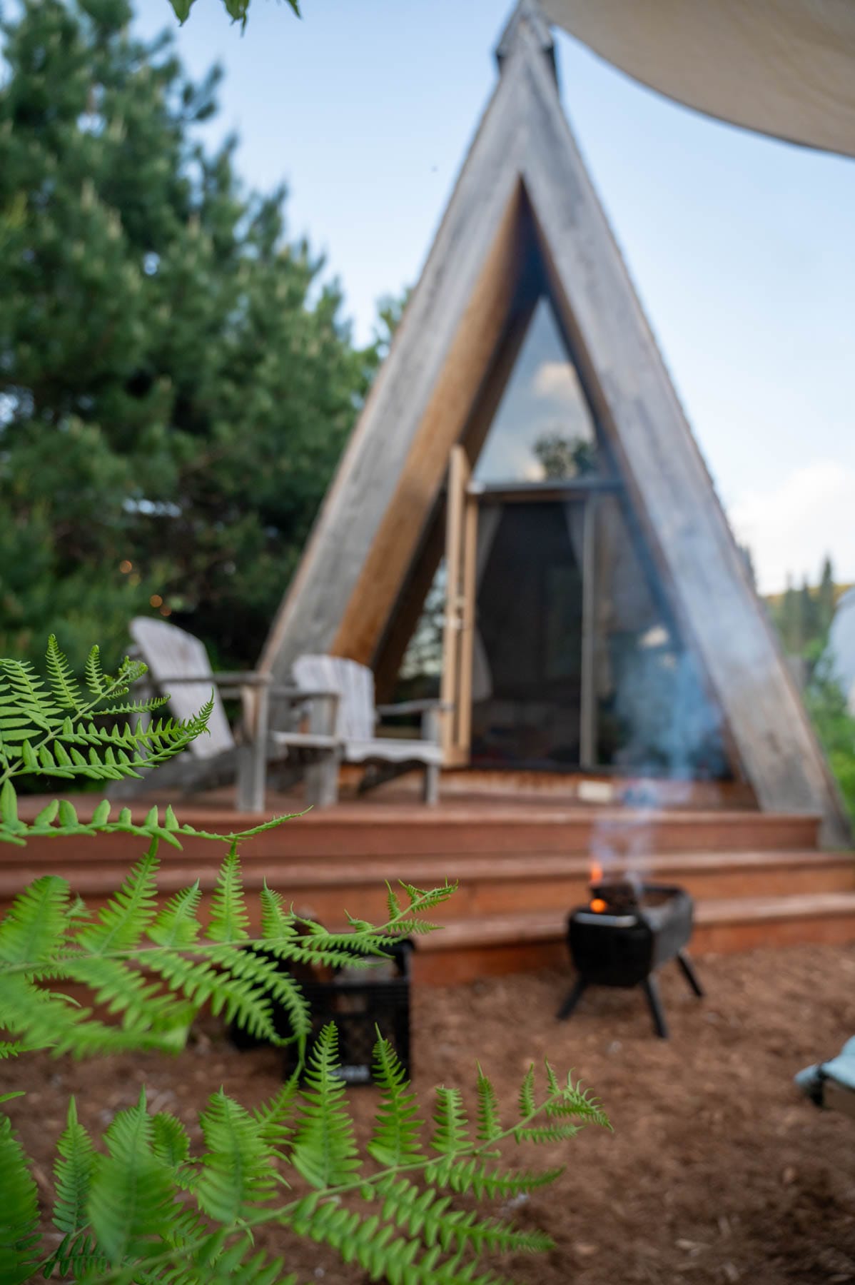 A-frame cabin with deck, Adirondack chairs, and a small fire pit, with ferns in the foreground