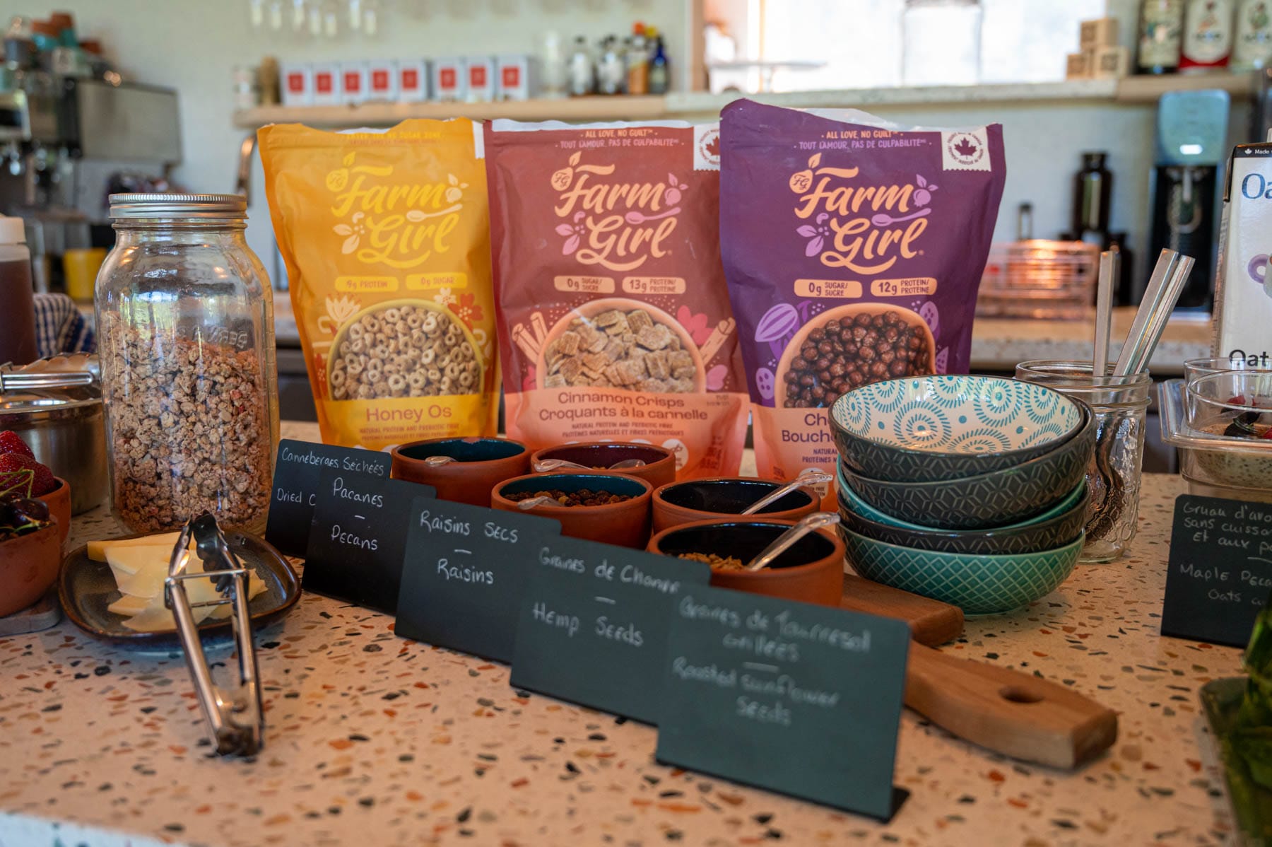 Farm Girl cereal, granola, dried fruit, nuts, breakfast toppings, healthy eating, breakfast bar, buffet, food spread