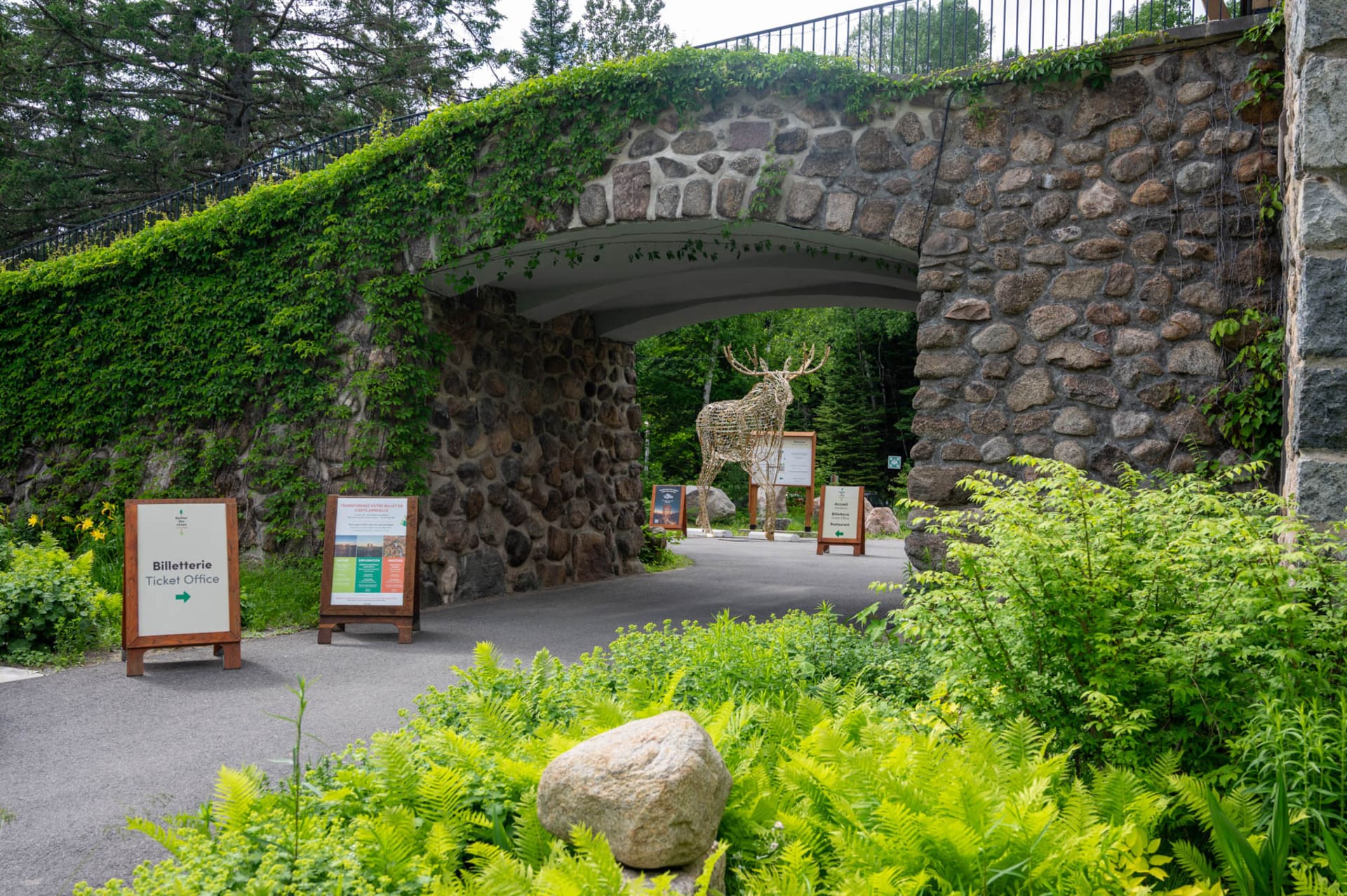 Stone archway with ivy, wire moose sculpture, and ferns framing a paved path and ticket office signs at Sentier des Cimes Laurentides