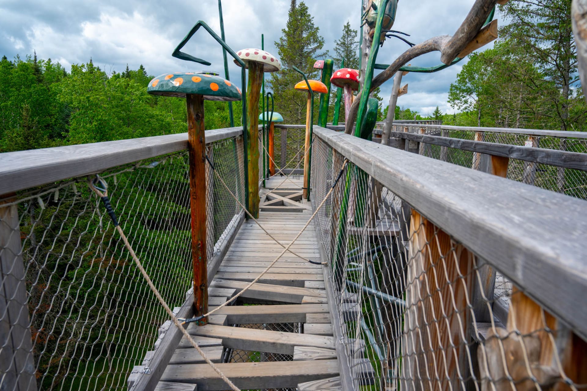 elevated wooden boardwalk with mushroom sculptures and mesh railings at Sentier des Cimes Laurentides