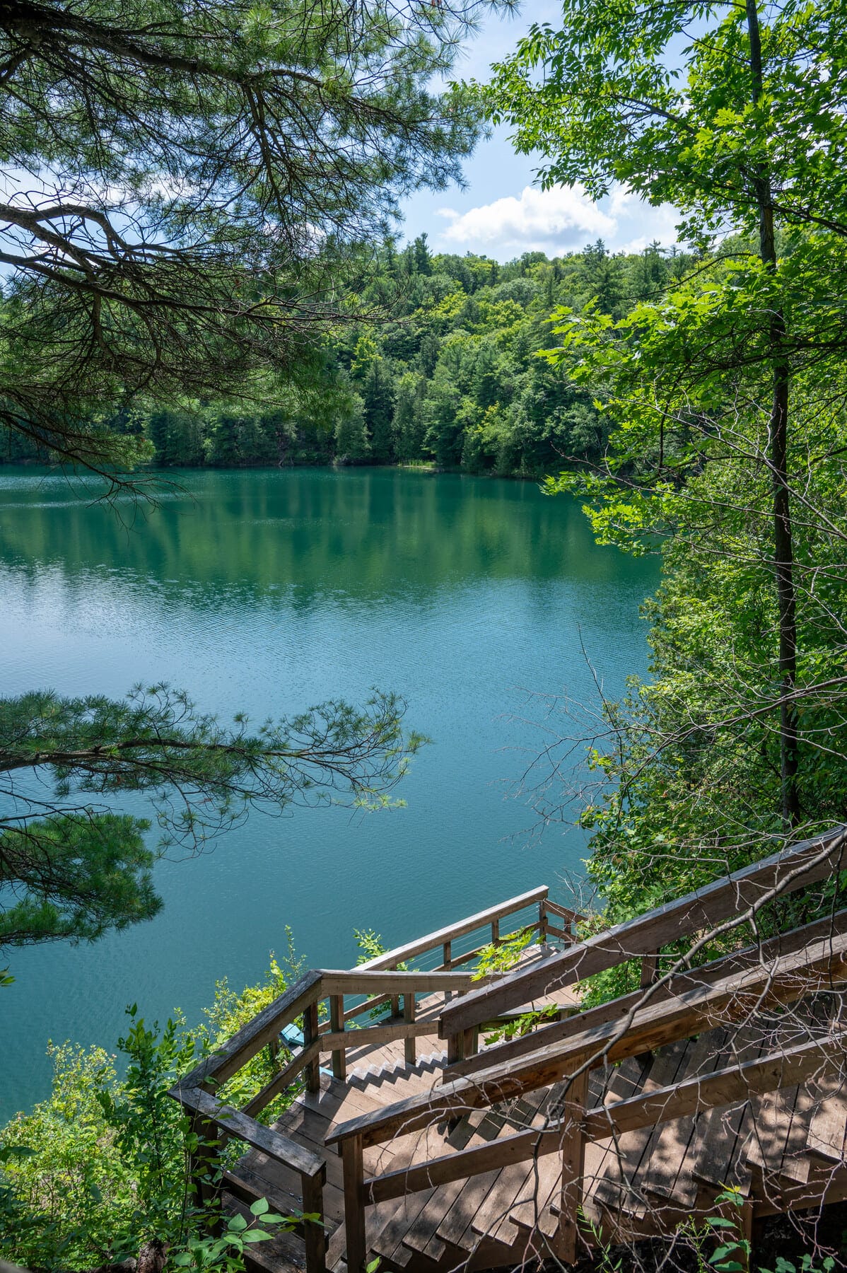wooden stairs along the Pink Lake Trail in Gatineau Park, Quebec, Canada