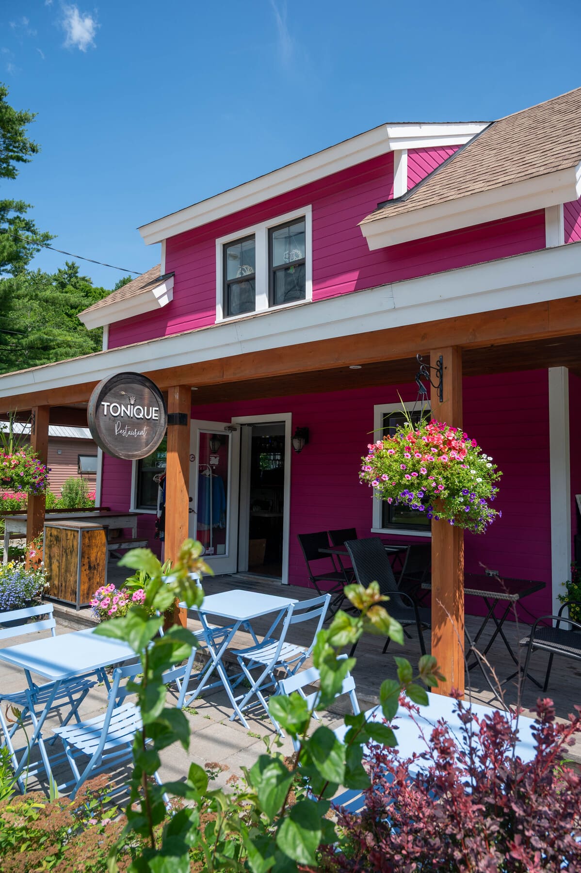 the patio of Tonique, a cafe and brunch spot located at 18 Chemin Scott in Chelsea, Quebec, Canada