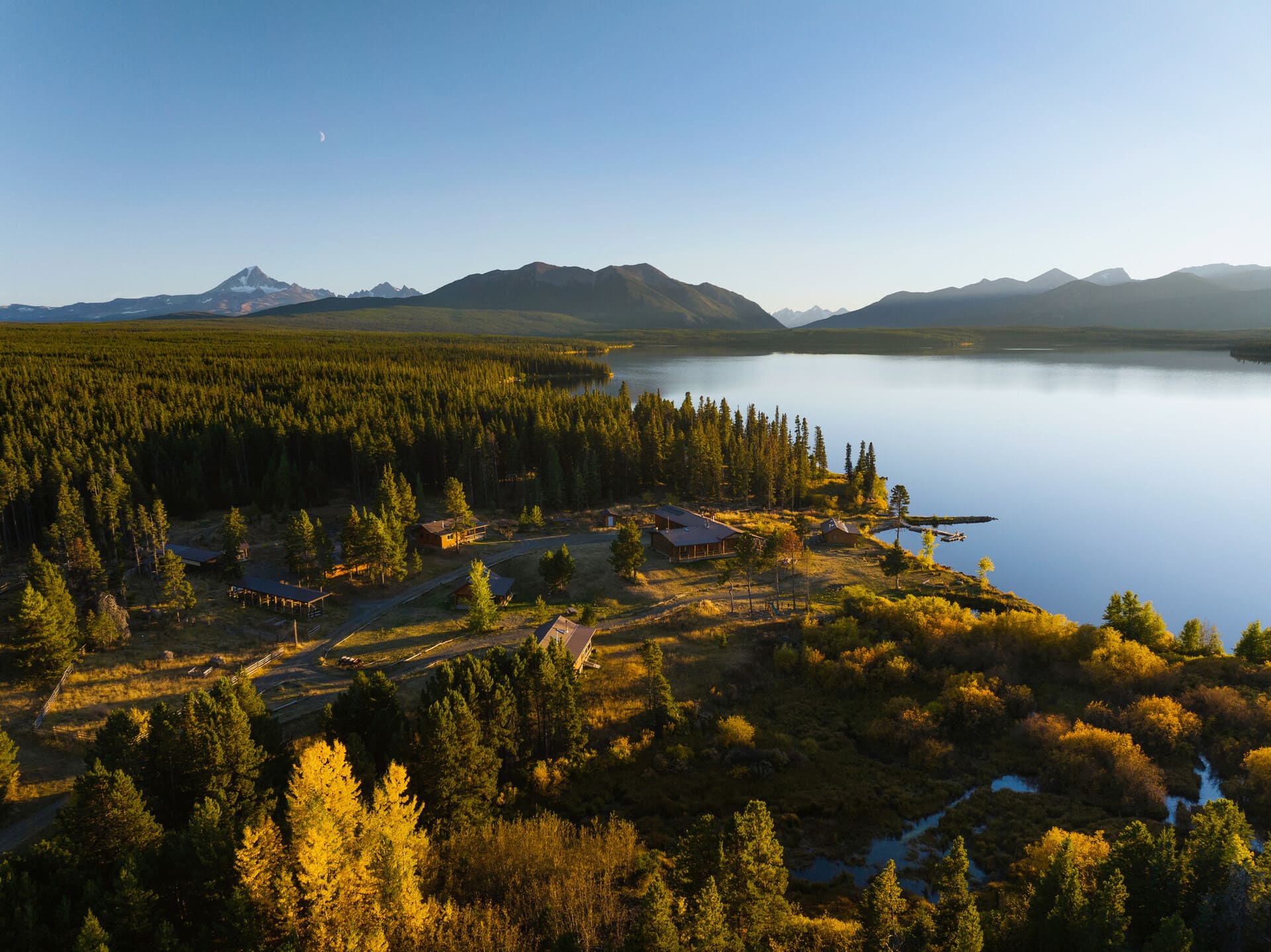 aerial view showing Chaunigan Lake Lodge, a boutique wilderness resort located in the Cariboo Chilcotin Coast, British Columbia, Canada